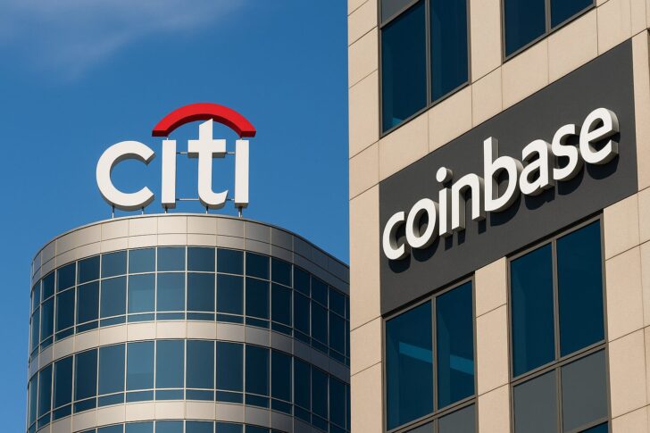 シティグループとコインベースの提携を象徴するビジュアル。デジタル決済ネットワークと金融インフラの融合を表現した画像。