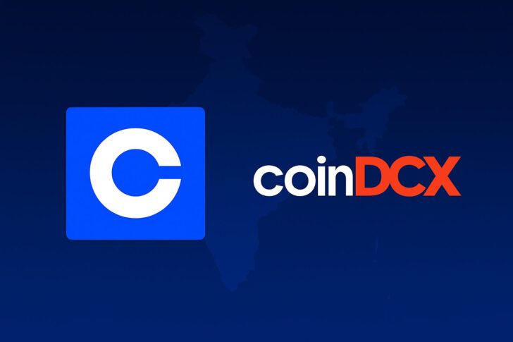 コインベースとCoinDCXのロゴが並ぶデジタルアート。インド市場への投資と暗号資産取引所パートナーシップを象徴。