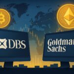 DBS銀行とゴールドマンサックスによる銀行間OTC仮想通貨オプション取引を象徴するイメージ。ブロックチェーンの光が交差する近未来的な金融都市の背景。