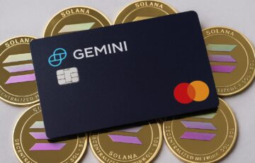 ジェミニが発表したソラナステーキング対応クレジットカードをイメージしたデジタルビジュアル。ブロックチェーンと金融の融合を象徴する構図。