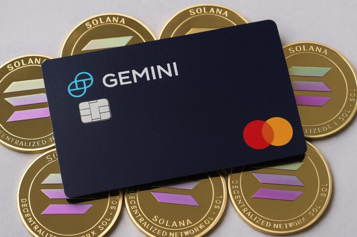 ジェミニが発表したソラナステーキング対応クレジットカードをイメージしたデジタルビジュアル。ブロックチェーンと金融の融合を象徴する構図。