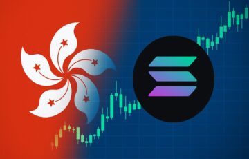 香港の旗とSolanaロゴを並置し、背後にローソク足チャートが伸びる金融テーマのイラスト