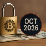 ビットコインの南京錠と「OCT 2026」のプレートが並ぶ、マウントゴックス返済延期を象徴するイメージ