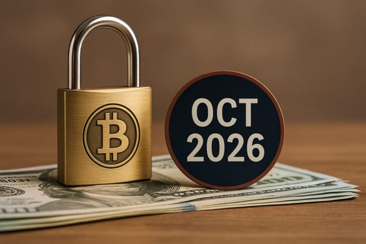 ビットコインの南京錠と「OCT 2026」のプレートが並ぶ、マウントゴックス返済延期を象徴するイメージ