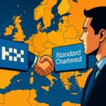 欧州でOKXとスタンダードチャータード銀行が提携し、銀行レベルのセキュリティと仮想通貨取引を融合させるイメージ