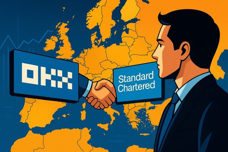 欧州でOKXとスタンダードチャータード銀行が提携し、銀行レベルのセキュリティと仮想通貨取引を融合させるイメージ