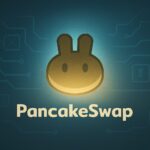 ポジティブな雰囲気で描かれたPancakeSwapのアイキャッチ画像。中央にウサギのロゴが配置され、ブロックチェーンの光が回復と信頼を象徴している。
