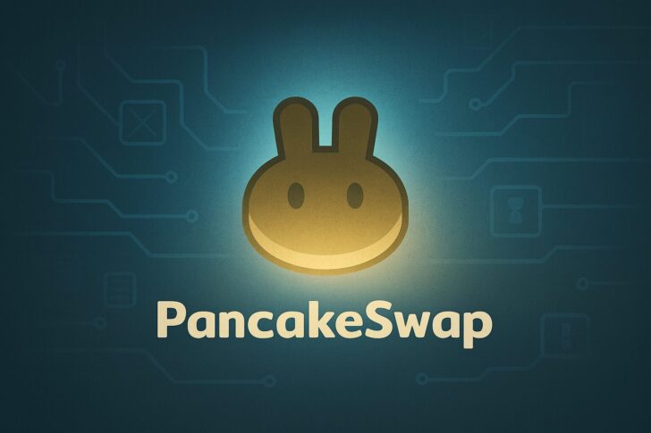 ポジティブな雰囲気で描かれたPancakeSwapのアイキャッチ画像。中央にウサギのロゴが配置され、ブロックチェーンの光が回復と信頼を象徴している。
