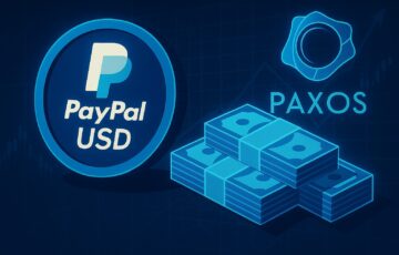 PaxosとPayPalのロゴが描かれたサイバー調のデジタルアート。ステーブルコインPYUSDの誤発行を象徴する抽象的なブロックチェーン背景。