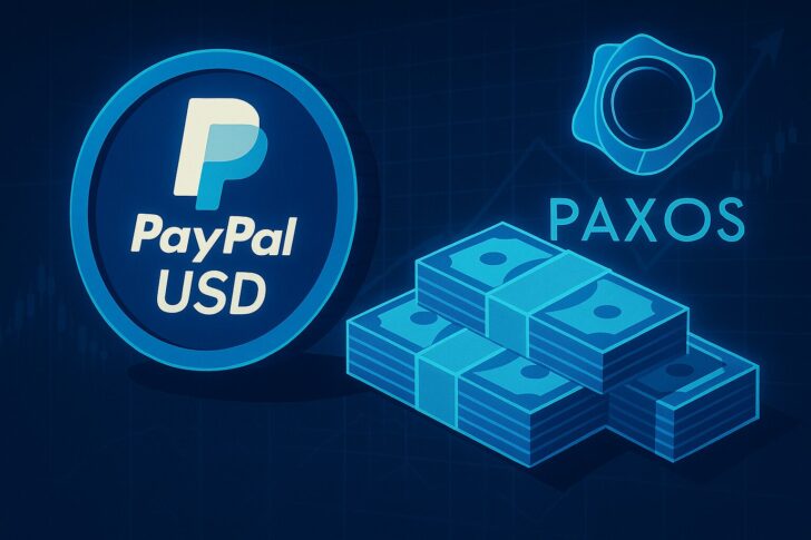 PaxosとPayPalのロゴが描かれたサイバー調のデジタルアート。ステーブルコインPYUSDの誤発行を象徴する抽象的なブロックチェーン背景。