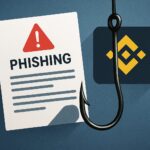釣り針に仮想通貨コインがかかった様子を描いたイラスト。BNBチェーン公式Xアカウントがハッキングされ、フィッシング詐欺で約1万3千ドルが流出したニュースを象徴。