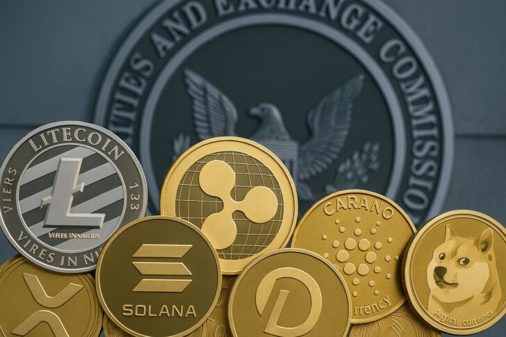 SECの決定を象徴するETFと主要仮想通貨のイメージ