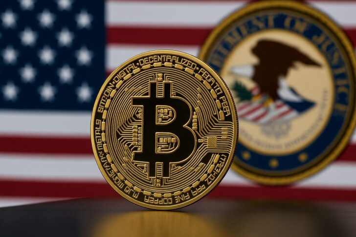 米国司法省が150億ドル相当のビットコインを押収した国際仮想通貨詐欺事件を象徴するイメージ。ブロックチェーン解析と法執行の様子を描写。