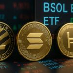 ソラナ、ライトコイン、HBARのETF上場を象徴するデジタル金融イメージ。未来的な取引画面と暗号資産のシンボルが並ぶ。