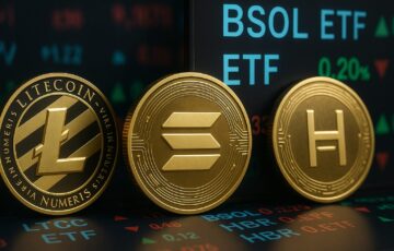 ソラナ、ライトコイン、HBARのETF上場を象徴するデジタル金融イメージ。未来的な取引画面と暗号資産のシンボルが並ぶ。