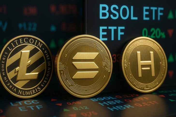 ソラナ、ライトコイン、HBARのETF上場を象徴するデジタル金融イメージ。未来的な取引画面と暗号資産のシンボルが並ぶ。