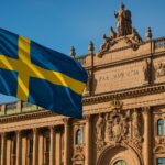 スウェーデン議会の建物と国旗を背景に、デジタルビットコインのモチーフを重ねたイメージ。国家ビットコイン準備金構想を象徴する写真。