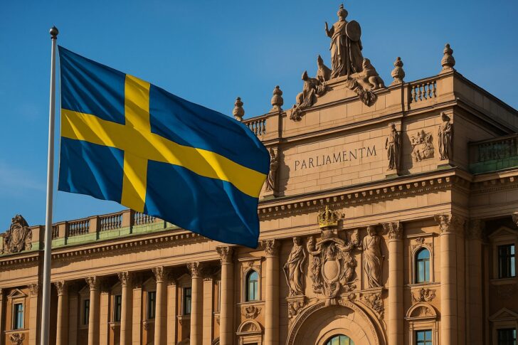 スウェーデン議会の建物と国旗を背景に、デジタルビットコインのモチーフを重ねたイメージ。国家ビットコイン準備金構想を象徴する写真。