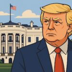 ホワイトハウスを背景に立つトランプ大統領のイラスト