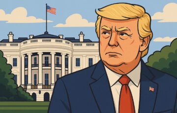 ホワイトハウスを背景に立つトランプ大統領のイラスト