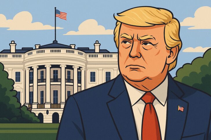 ホワイトハウスを背景に立つトランプ大統領のイラスト