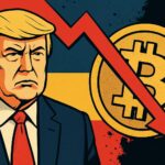 米中貿易摩擦によるトランプ大統領の関税発表で仮想通貨市場が急落し、ビットコインが下落する様子を象徴するイラスト