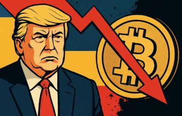 米中貿易摩擦によるトランプ大統領の関税発表で仮想通貨市場が急落し、ビットコインが下落する様子を象徴するイラスト