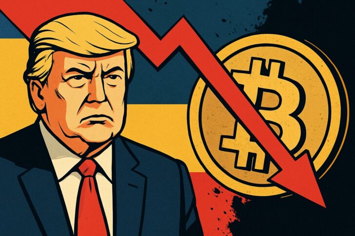 米中貿易摩擦によるトランプ大統領の関税発表で仮想通貨市場が急落し、ビットコインが下落する様子を象徴するイラスト