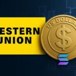 ウエスタンユニオンがソラナ上で米ドル建てステーブルコイン「USDPT」を発行するイメージ。ロゴとデジタル通貨を象徴する構図。