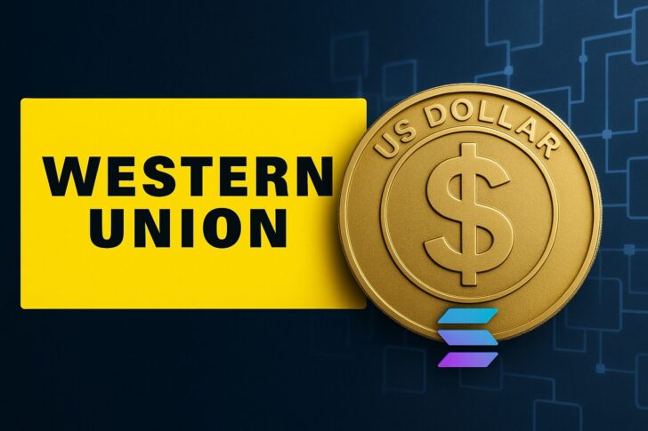 ウエスタンユニオンがソラナ上で米ドル建てステーブルコイン「USDPT」を発行するイメージ。ロゴとデジタル通貨を象徴する構図。