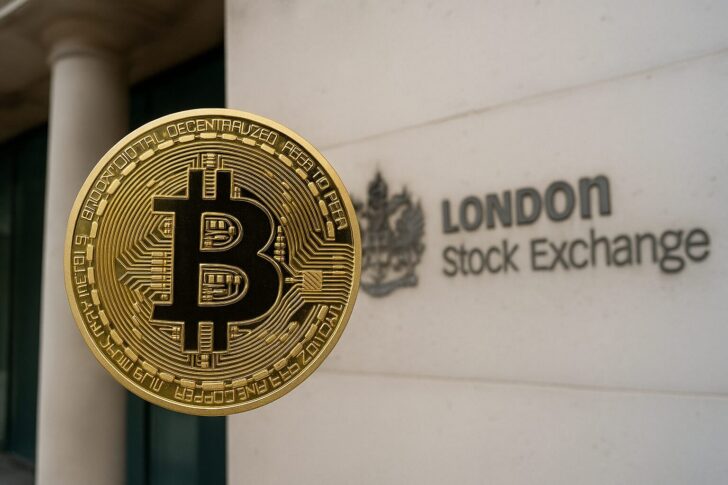 ロンドン証券取引所の前景とビットコインのシンボルを描いたイメージ。ブラックロックによるビットコインETP上場を象徴する構図。