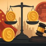 中国政府庁舎とデジタルコインを組み合わせたイメージ。北京の介入によりステーブルコイン計画が凍結されたことを象徴している。