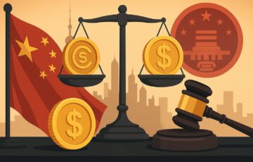 中国政府庁舎とデジタルコインを組み合わせたイメージ。北京の介入によりステーブルコイン計画が凍結されたことを象徴している。