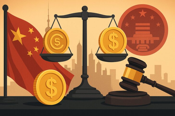 中国政府庁舎とデジタルコインを組み合わせたイメージ。北京の介入によりステーブルコイン計画が凍結されたことを象徴している。