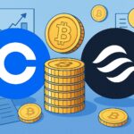 コインベースによるEcho買収を象徴する本社ビルとブロックチェーンのイメージイラスト