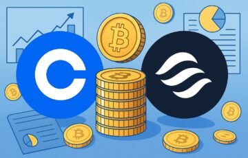 コインベースによるEcho買収を象徴する本社ビルとブロックチェーンのイメージイラスト