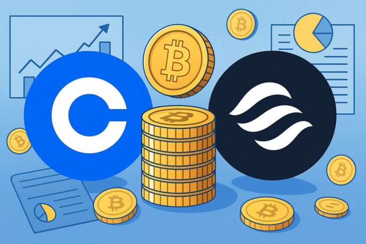 コインベースによるEcho買収を象徴する本社ビルとブロックチェーンのイメージイラスト