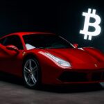 フェラーリ499Pがブロックチェーンを象徴する背景の中を走るデジタルアート