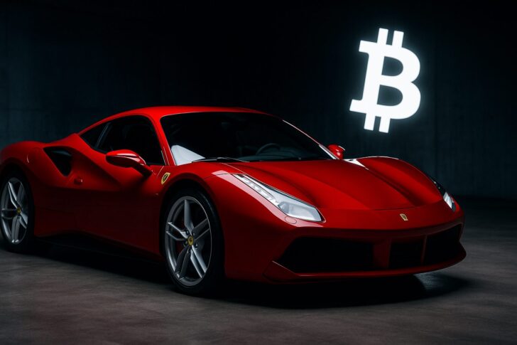 フェラーリ499Pがブロックチェーンを象徴する背景の中を走るデジタルアート