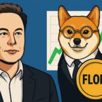 イーロン・マスク氏の投稿をきっかけにFLOKIが急騰したニュースを象徴するイラスト。スーツ姿の柴犬とマスク氏が描かれている。