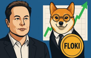 イーロン・マスク氏の投稿をきっかけにFLOKIが急騰したニュースを象徴するイラスト。スーツ姿の柴犬とマスク氏が描かれている。