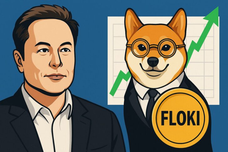 イーロン・マスク氏の投稿をきっかけにFLOKIが急騰したニュースを象徴するイラスト。スーツ姿の柴犬とマスク氏が描かれている。