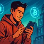 若者がスマートフォンを使って仮想通貨にアクセスしている様子を描いたイラスト
