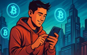 若者がスマートフォンを使って仮想通貨にアクセスしている様子を描いたイラスト