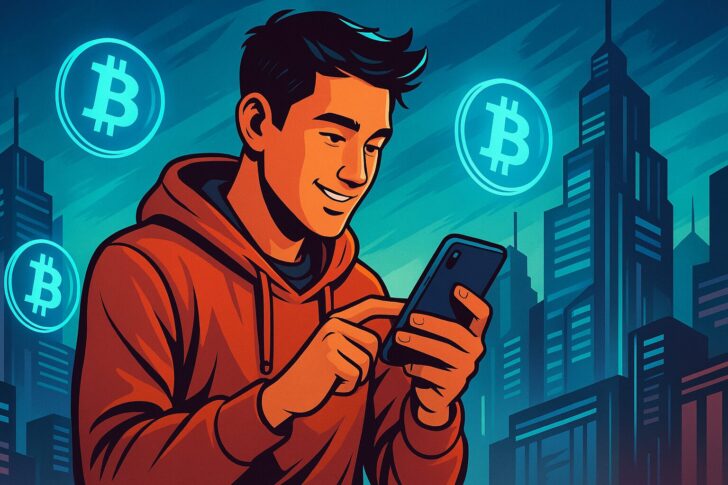 若者がスマートフォンを使って仮想通貨にアクセスしている様子を描いたイラスト