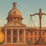 インド高等裁判所の建物と仮想通貨を象徴するコインと天秤のイラスト