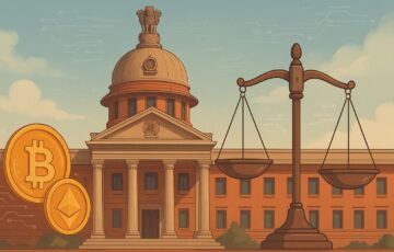 インド高等裁判所の建物と仮想通貨を象徴するコインと天秤のイラスト