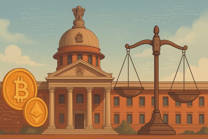 インド高等裁判所の建物と仮想通貨を象徴するコインと天秤のイラスト