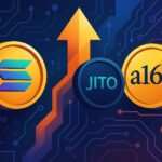 Solana基盤のステーキングプロトコルJitoがa16zから5000万ドルを調達し、エコシステム拡張を進める様子を象徴する近未来的なイラスト