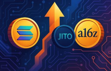Solana基盤のステーキングプロトコルJitoがa16zから5000万ドルを調達し、エコシステム拡張を進める様子を象徴する近未来的なイラスト